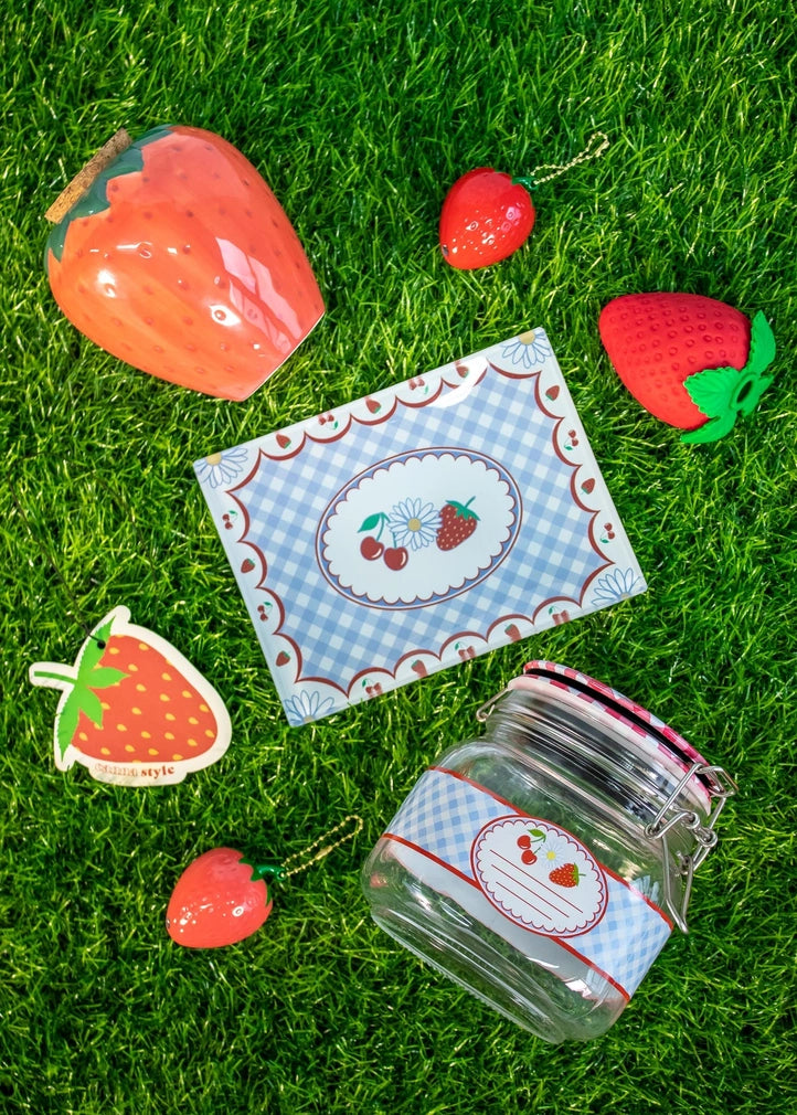 Blue Checkered Strawberry Glass Tray