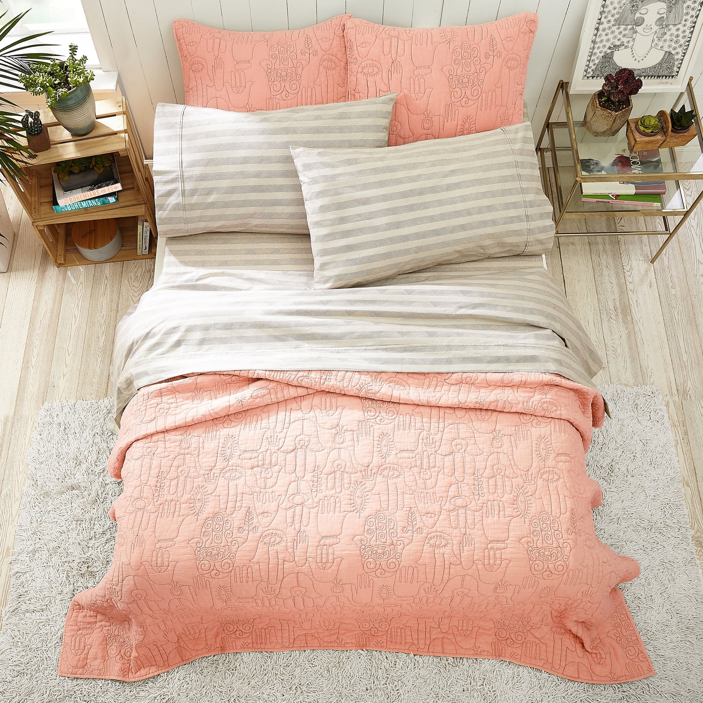 Coral Peach Blush Fatima Hamsa 3 PC Quilt Set KING